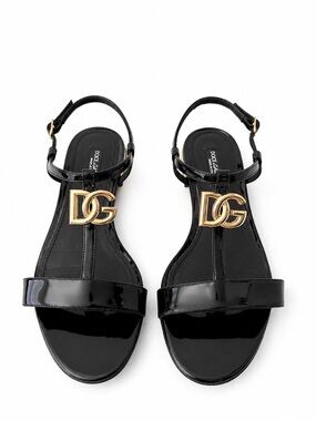 DOLCE & GABBANA | Black Patent DG Gold Logo Flat Sandals Ankle Strap EU 38.5
